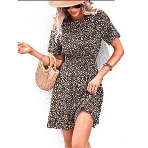 Shein Ditsy Dark Floral Short Romantic Flirty Dress Black Tan White Womens 2